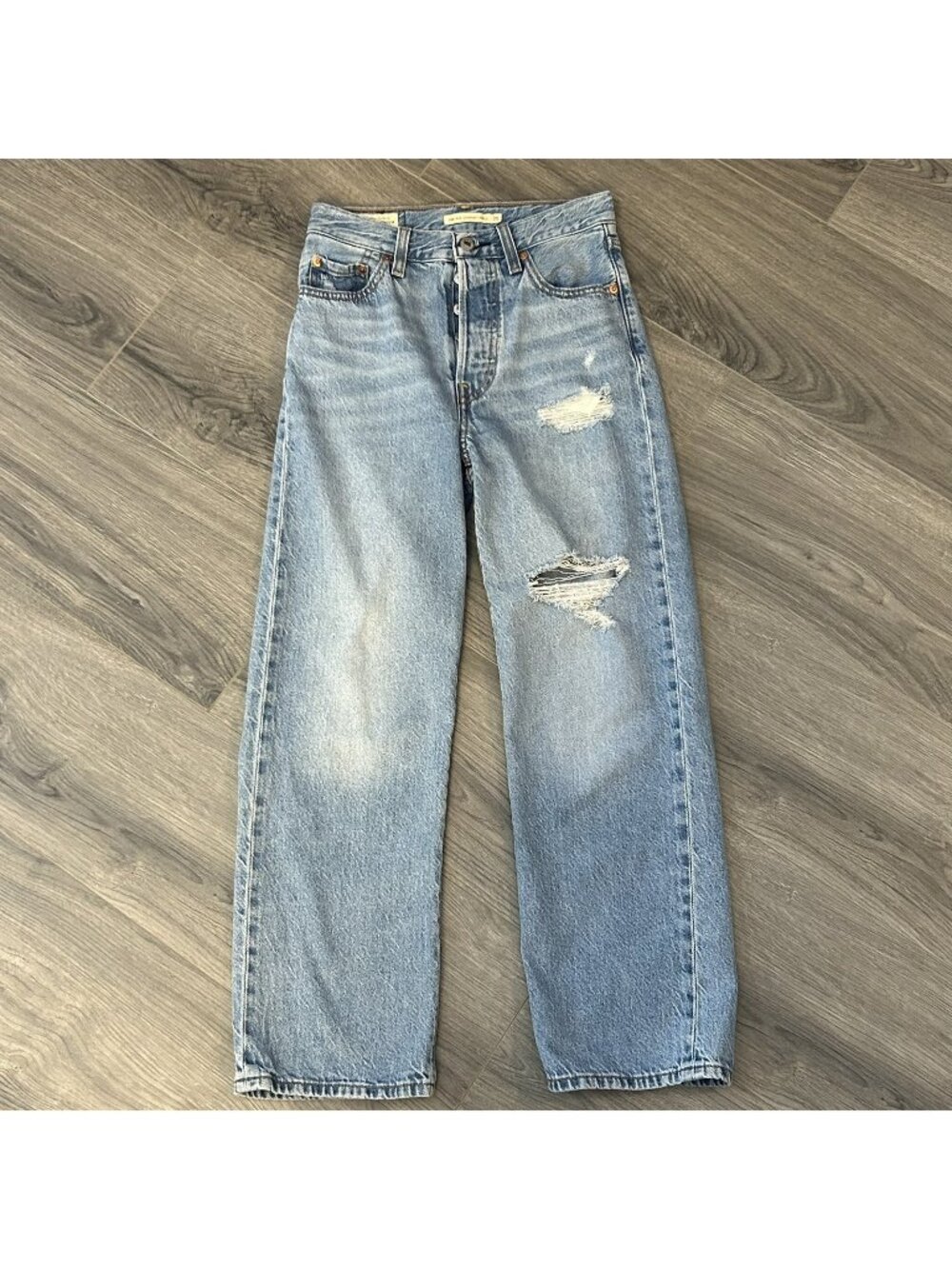 Levi's Ribcage Straight Ankle Jeans Womens 25 Blue Wash High Rise Distressed